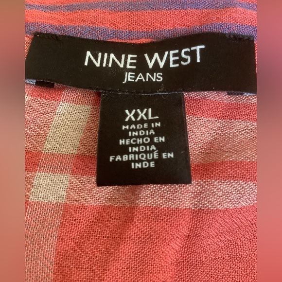 Nine West Jeans 1/2 Button Up Shirt Women Coral White Blue Plaid Mock Ne… - Picture 4 of 4